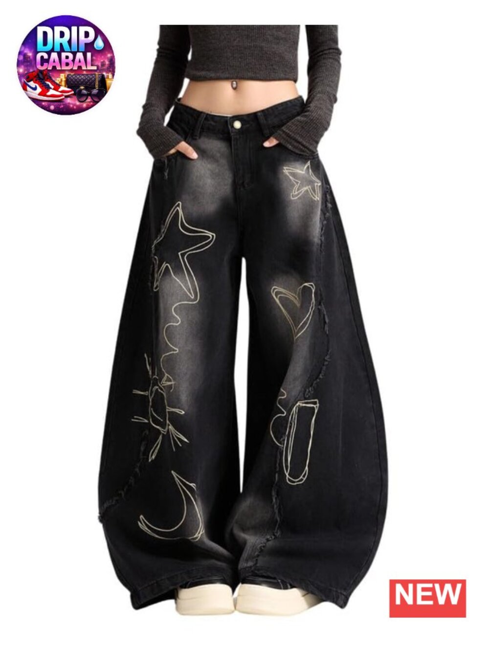 High Waisted Wide Leg Embroidered Star Barrel Jeans Women Baggy Denim Pants